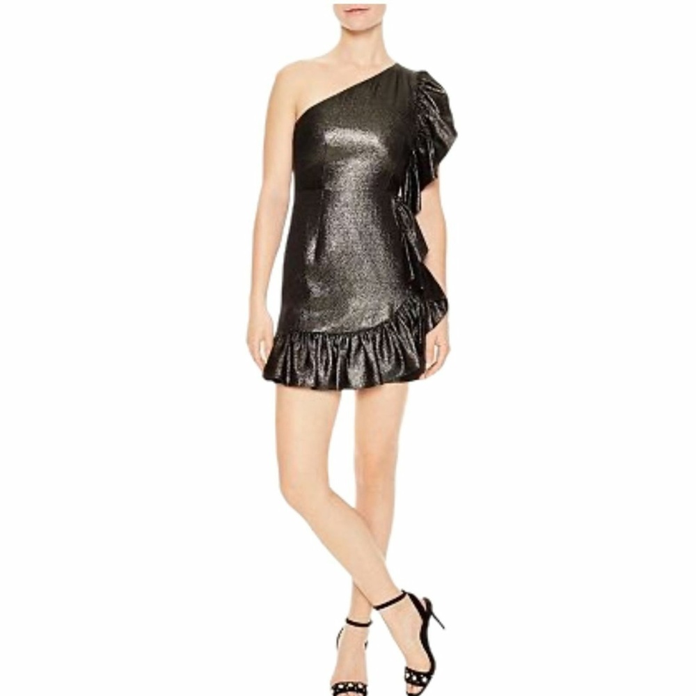 Sandro Dress Metallic Black One‎ Shoulder Ruffle Mini Statement Retro Small New